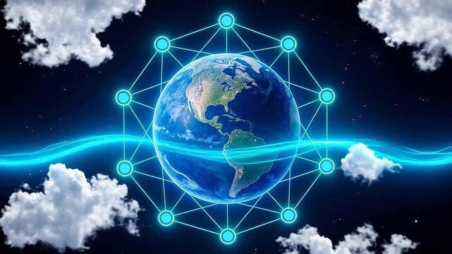 Globe surrounded by glowing blue network nodes and connections, symbolizing global connectivity, digital infrastructure, and futuristic technology in space