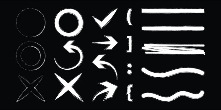Hand drawn white marker strokes and highlight shapes set on black background. Vector collection of scribble underlines, circles, frames, and correction marks for text emphasis.