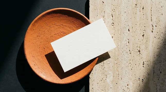 Horizontal business card mockup on round terracotta dish and travertine stone slab featuring high contrast shadows for luxury organic brand identity.