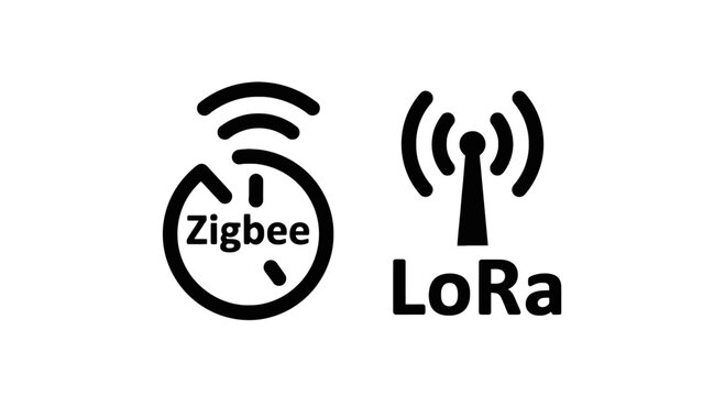 Zigbee and lora wireless communication technology logos, iot network connectivity symbols, black line art icons on a clean white background