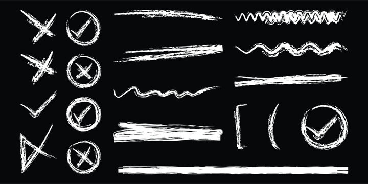 Hand drawn white marker strokes and highlight shapes set on black background. Vector collection of scribble underlines, circles, frames, and correction marks for text emphasis.