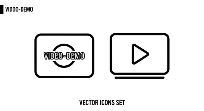 Set of player interface icons with play button and demo marker for modern multimedia web design, simple black line style isolated on white background