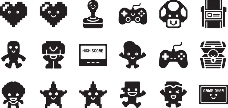 Pixel set featuring characters and in black and white retro game style pixel retro robot