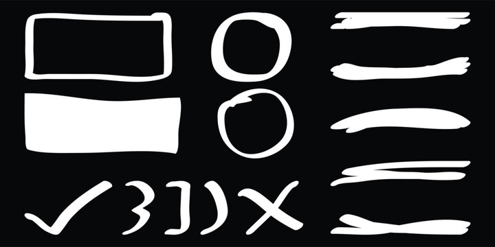 Hand drawn white marker strokes and highlight shapes set on black background. Vector collection of scribble underlines, circles, frames, and correction marks for text emphasis.
