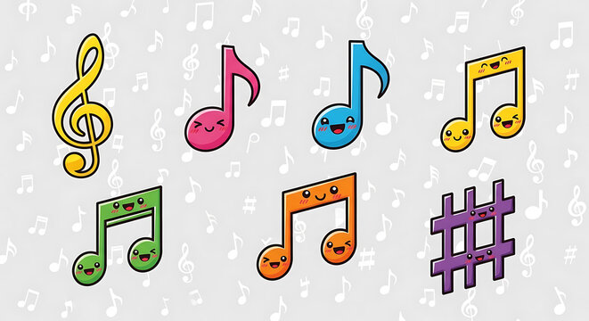 Vibrant cartoon music icons set including eighth notes and sixteenth
