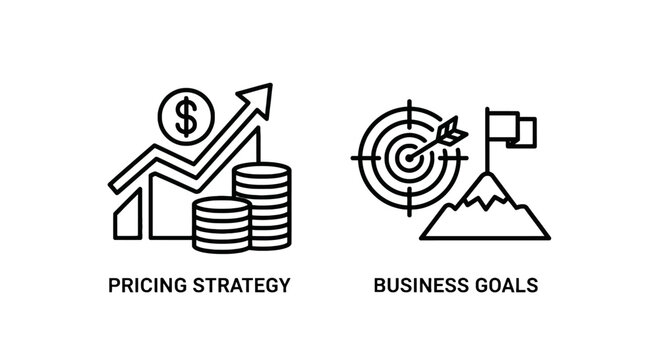 Pricing strategy and business goals line icons, finance growth and success target vector illustration set for corporate planning and management concepts