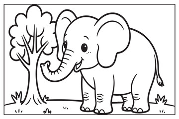 Fototapeta premium A charming black and white illustration of a baby elephant by a tree
