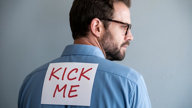 man with 'KICK ME' sign on back, humorous office prank