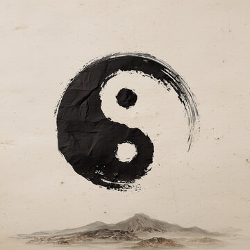 Minimalist Chinese ink wash style. Bold, black ink brushstroke forms a Taichi Ying Yang Diagram on a textured, off-white rice paper background. Wabi-sabi aesthetic.