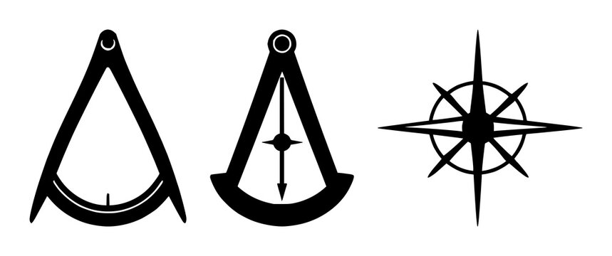 Solid black icon, white background: mathematical compass icon set with simple line art design featuring simple design, minimalist, black and white with illustrations and graphics