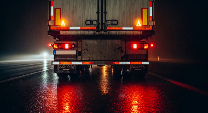 Truck Driving at Night on Wet Road with Red Lights Reflected