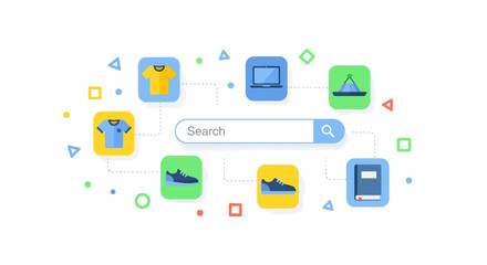 Fototapeta premium E-commerce Search Bar Interface with Diverse Product Icons for Online Shopping and Digital Retail Concept