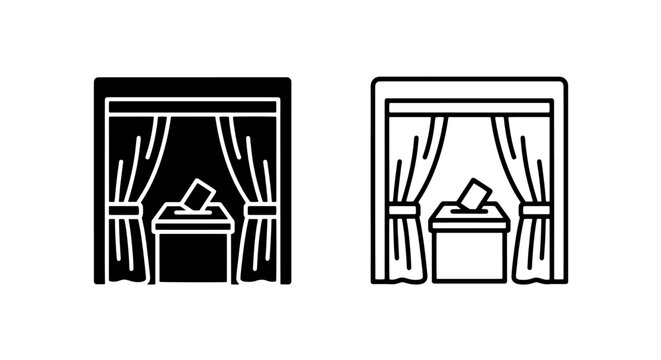Voting booth with curtains icon, election or ballot box, black and white