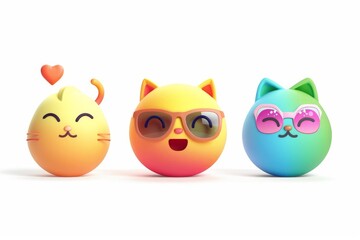 Fototapeta premium Three cute and funny cartoon cats with sunglasses and heart are showing love, joy and happiness
