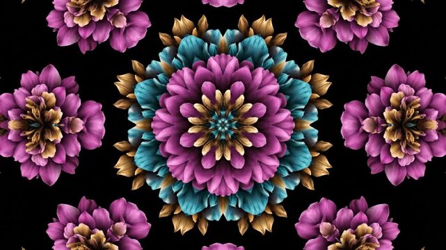 Symmetrical floral mandala pattern with pink and blue petals