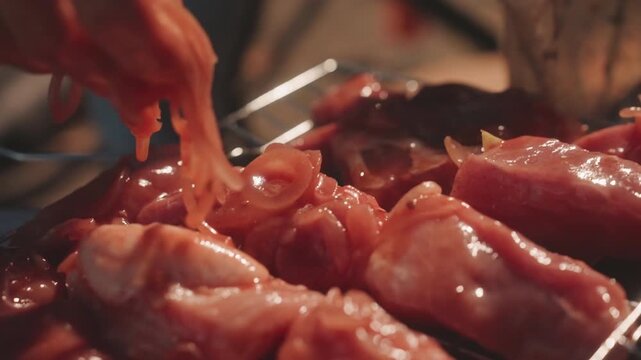 Closeup marinated chicken on grill, camper chef bastes with sliced onion, sizzling pieces over ember campfire, warm golden light, hands arrange meat on wire rack, savory glaze and smokefilled