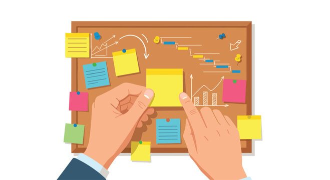 Two light-skinned hands are carefully positioning a large yellow sticky note onto a cork board featuring a hand-drawn Gantt chart and other colorful notes.