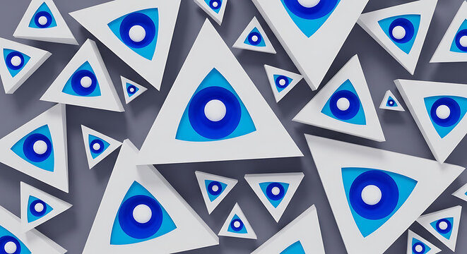 Abstract geometric evil eye pattern, repeating blue triangular symbols for protection and mystical designs, abstract design