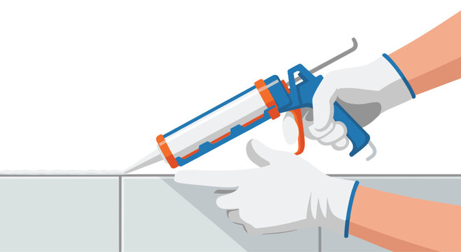 Gloved hands meticulously apply white sealant with a blue and orange caulk gun along a horizontal joint between two light gray surfaces.