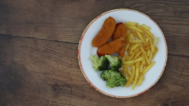 Serving a Plate of Chicken Nuggets, Broccoli and French Fries