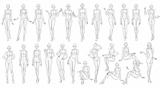 Female fashion croquis template set with various body types and poses