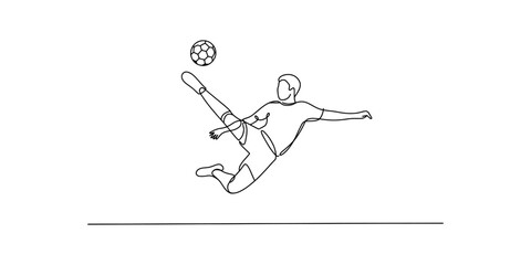 Fototapeta premium A single continuous line drawing of a soccer player performing a dynamic bicycle kick on the field Vector, illustration