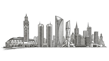 Fototapeta premium A detailed black and white sketch of a modern city skyline featuring diverse architectural styles, including skyscrapers and a prominent mosque.