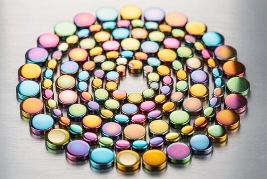 A mesmerizing display of radiant, multicolored ear gauges, arranged in a spiraling formation, offers a kaleidoscope of colors.