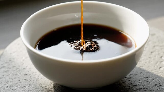 A stream of dark brown sauce being poured into a white ceramic bowl, creating ripples on the surface.