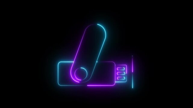 Animated pen drive black line icon. USB flash drive motion graphic. Data storage backup transfer device. icon animation representing portable data storage and technology black background. 4k video
