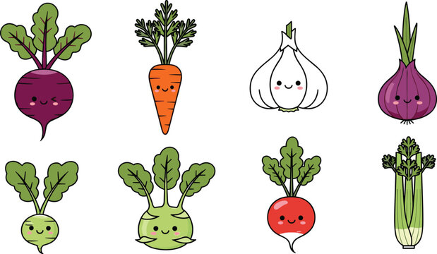 Cute Kawaii Vegetable Vector Icon Set Featuring Beetroot, Carrot, Garlic, Onion, Radish, and Celery with Happy Faces for Kids' Nutrition and Healthy Eating Designs
