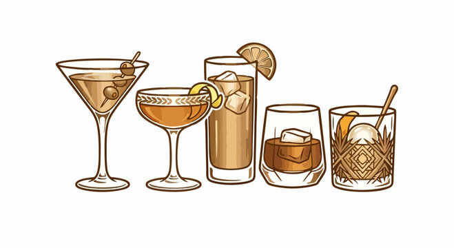 Elegant Vintage Golden Cocktail Glass Set Illustration - Martini Coupe Highball Rocks and Old Fashioned Whiskey Cocktail with Olive Lemon Garnish Bar Drink Collection Vector Art