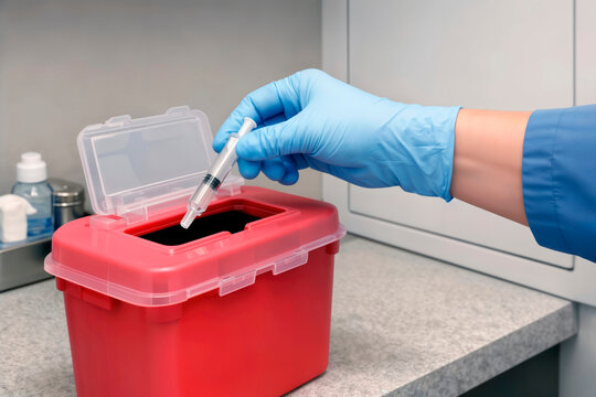 Gloved hand discarding a syringe into a red sharps container in a clinic.