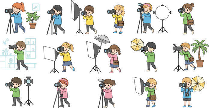 Flat Cartoon Photographer Character Collection Featuring Kids with Digital Cameras, Tripods, Softboxes, Reflectors, and Studio Lighting for Photography Education and Media Designs