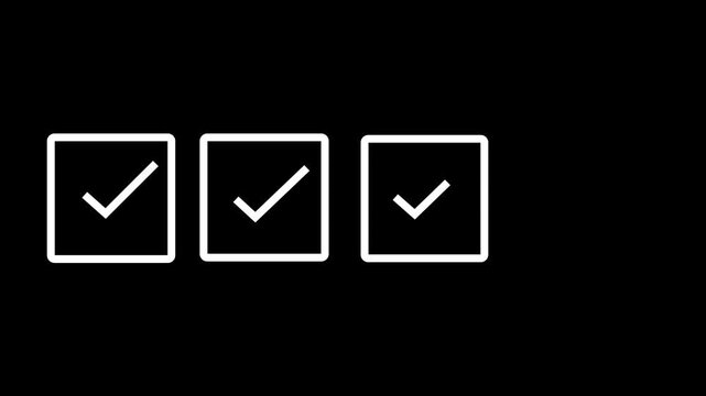 white check mark sign tick in blank white square check boxes on black background. 4k video motion graphic animation .