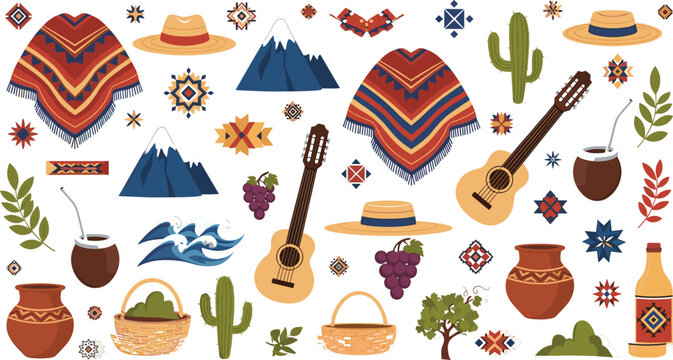 Mexican culture seamless pattern with poncho, guitar, sombrero, cactus, pottery and traditional folk ornaments vector illustration background