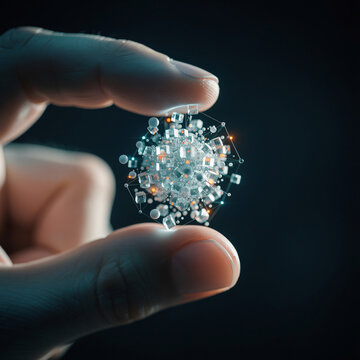 Hand Pinching Floating Data Cluster Particles Representing Information Compression and Digital Analytics Concept