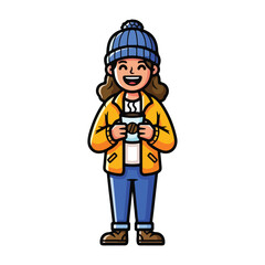 Fototapeta premium Cartoon woman in winter clothes holding camera outdoors