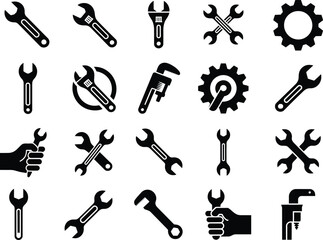 Fototapeta premium Wrench and mechanic tool silhouette icons set. Repair, maintenance, gear, hardware vector
