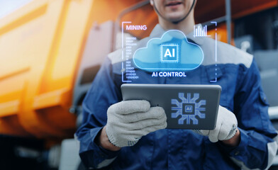 Miner using tablet with AI assistant with chat chip cloud overlay for mining control and equipment...