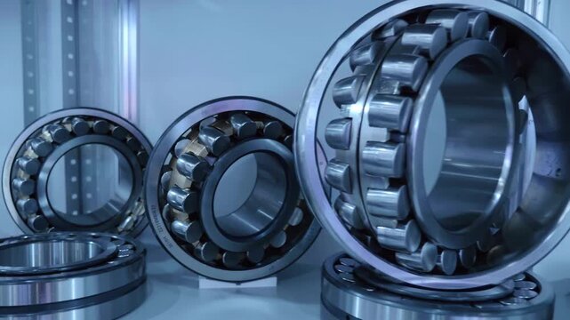 New industrial bearings of various types and sizes are presented at the machine tool exhibition. Close up. Shot in motion