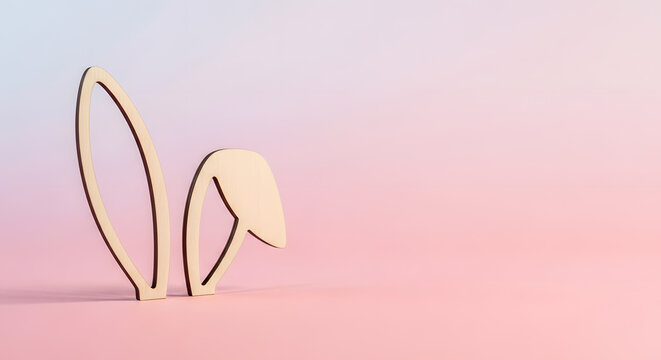 Minimalist Wooden Bunny Ears on Pink Background. Simple laser-cut plywood rabbit ears silhouette on a soft pastel gradient backdrop. Clean, modern Easter concept.