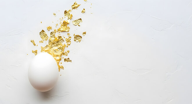 White Egg with Gold Foil Accents on Textured Surface. Elegant white egg with scattered pieces of gold leaf or foil. Luxury Easter concept on a white stucco background.