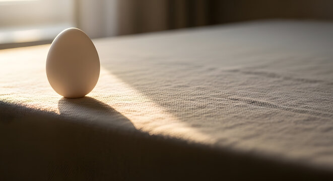 Single White Egg in Warm Sunlight on Fabric. A solitary white egg placed on a linen tablecloth, illuminated by dramatic morning sun rays with long shadows.