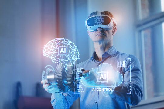 Engineer using vr headset with ai control cloud and holographic brain for industrial training simulation in innovative workspace, sunlight with blue light.