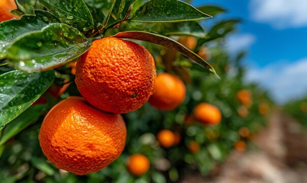 A dense orange grove where lots of oranges are sprouting on the branches, image