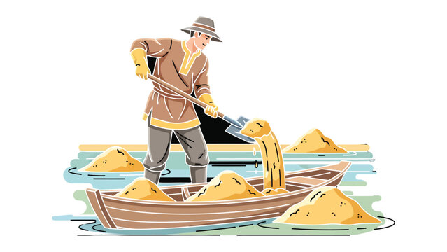 Coastal Laborer: A hardworking individual diligently shovels sand into a wooden boat, a faithful dog watches on. A scene of manual work in a coastal environment.