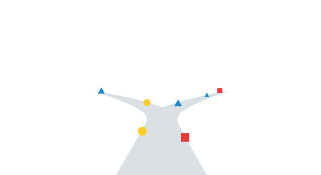 A minimalist illustration shows a light gray path diverging into two routes, marked by scattered blue triangles, yellow circles, and red squares on a white background.