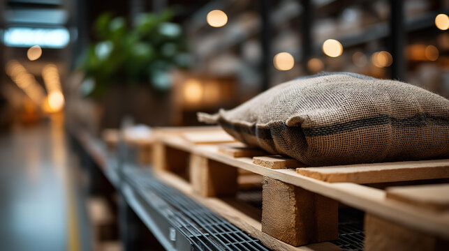 Industrial warehouse scene featuring a wooden pallet with burlap sacks and metal bars in organized storage. Defocused background. Burlap and metal, industrial pallet, warehouse