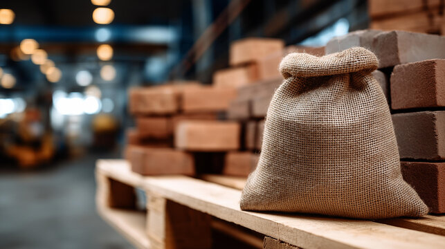 Stack of bricks and a burlap sack on a wooden pallet in a warehouse storage setting. Defocused background. Bricks and sack, wooden pallet, warehouse bricks, construction storage,,